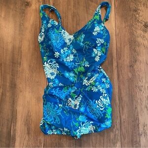 Vintage Perfect Fit by Roxanne Mid Century 1960s One Piece Aqua Floral Swimsuit